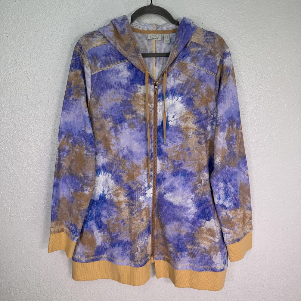 LOGO Lounge Jacket Womens 3X Waffle Knit Hooded Zip Tie Dye Lori Goldstein Plus